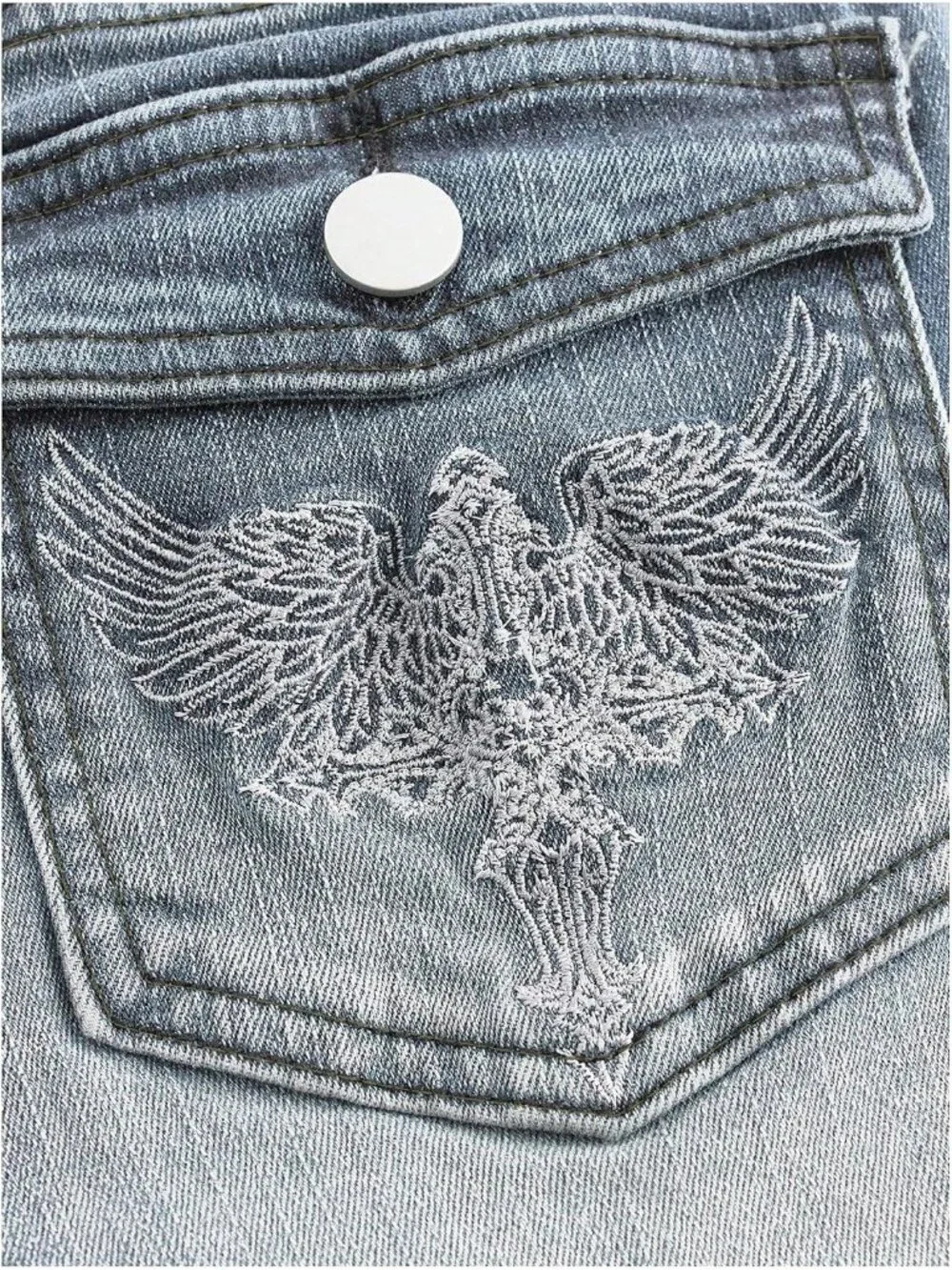 Women's Light Blue Denim Pull On Y2k Goth High Waist Mid Rise Bell Bottom Jeans
